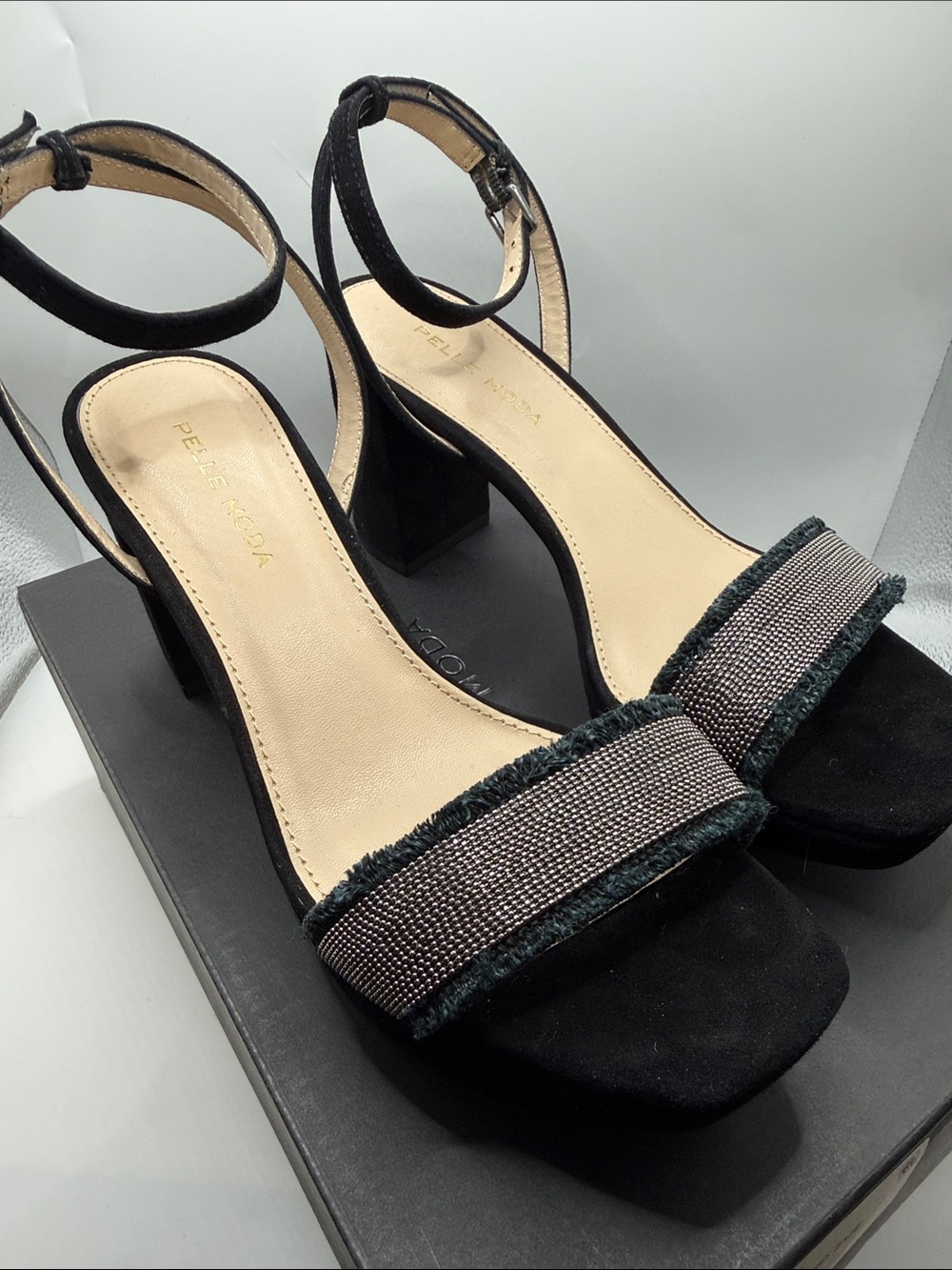 Pelle Moda Black Beaded Fringe Ankle-Strap Block Heels
